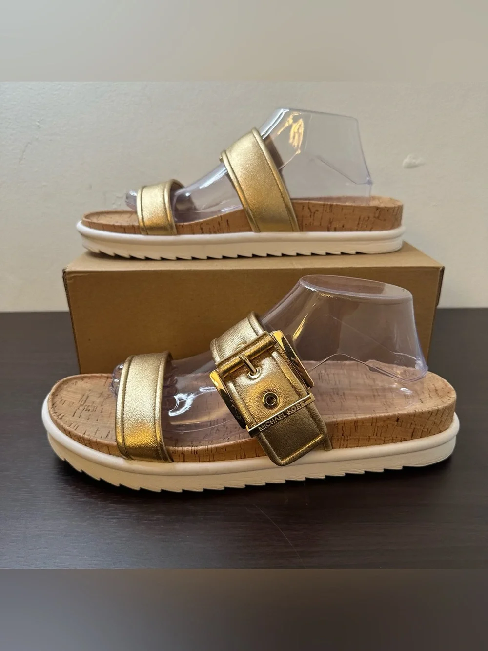 Michael Kors Colby Gold Leather Slide Sandals Buckle Cork Footbed Women's 11